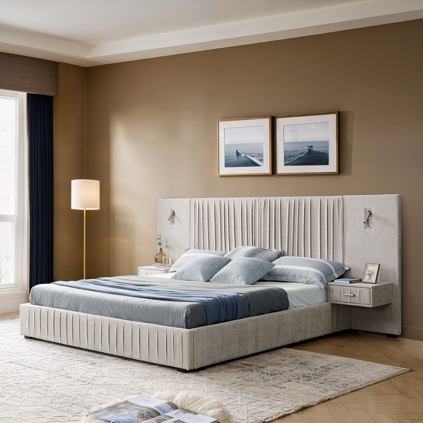 Queen Foam Bed Frame Beige Pleated Headboard for Bedroom