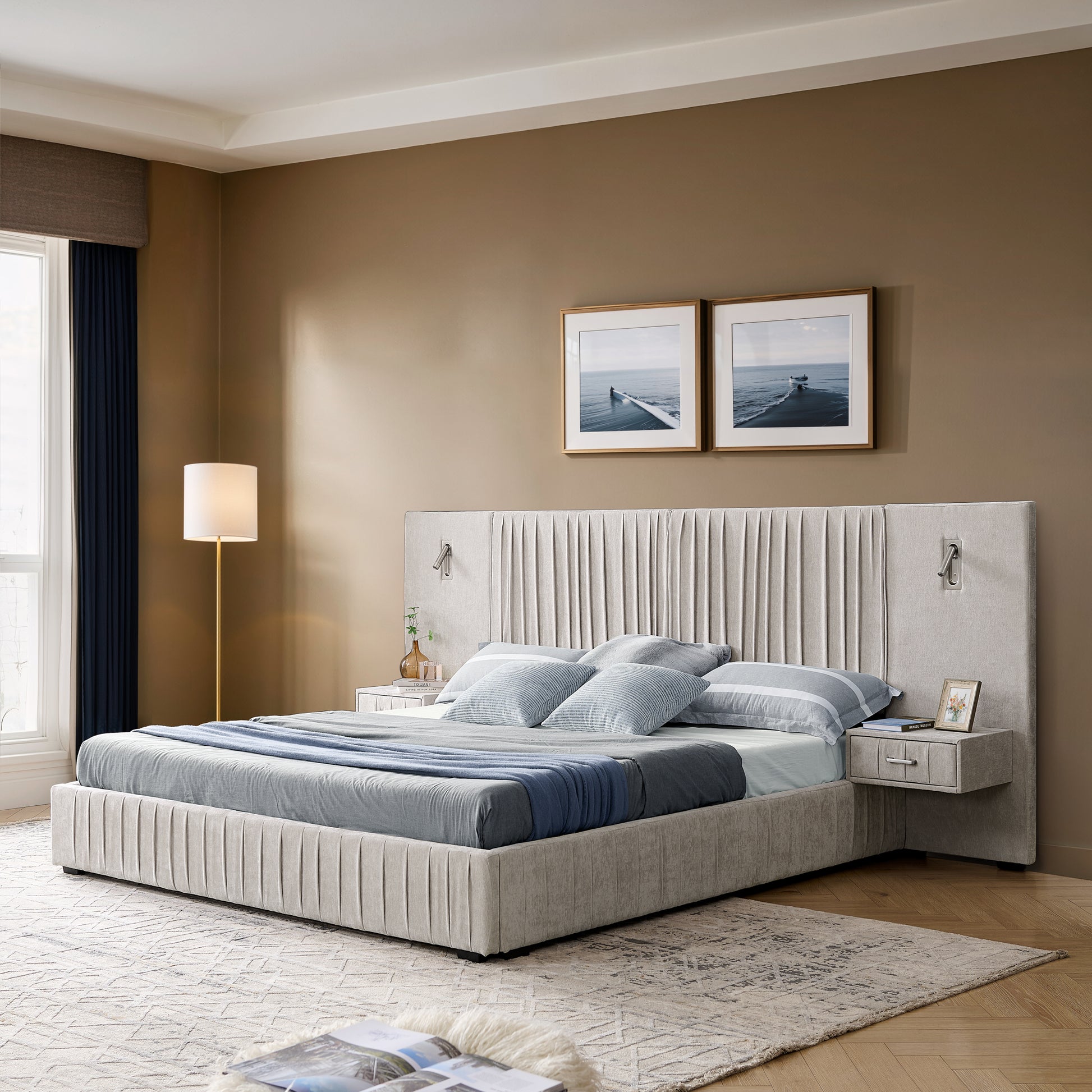 Queen Foam Bed Frame Beige Pleated Headboard for Bedroom