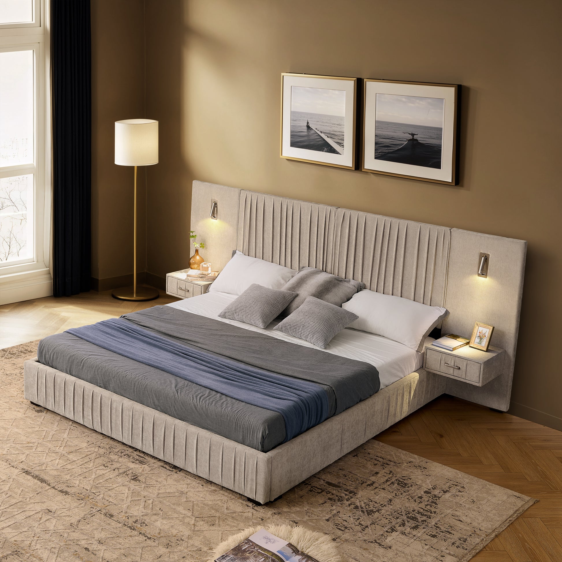 Queen Foam Bed Frame Beige Pleated Headboard for Bedroom