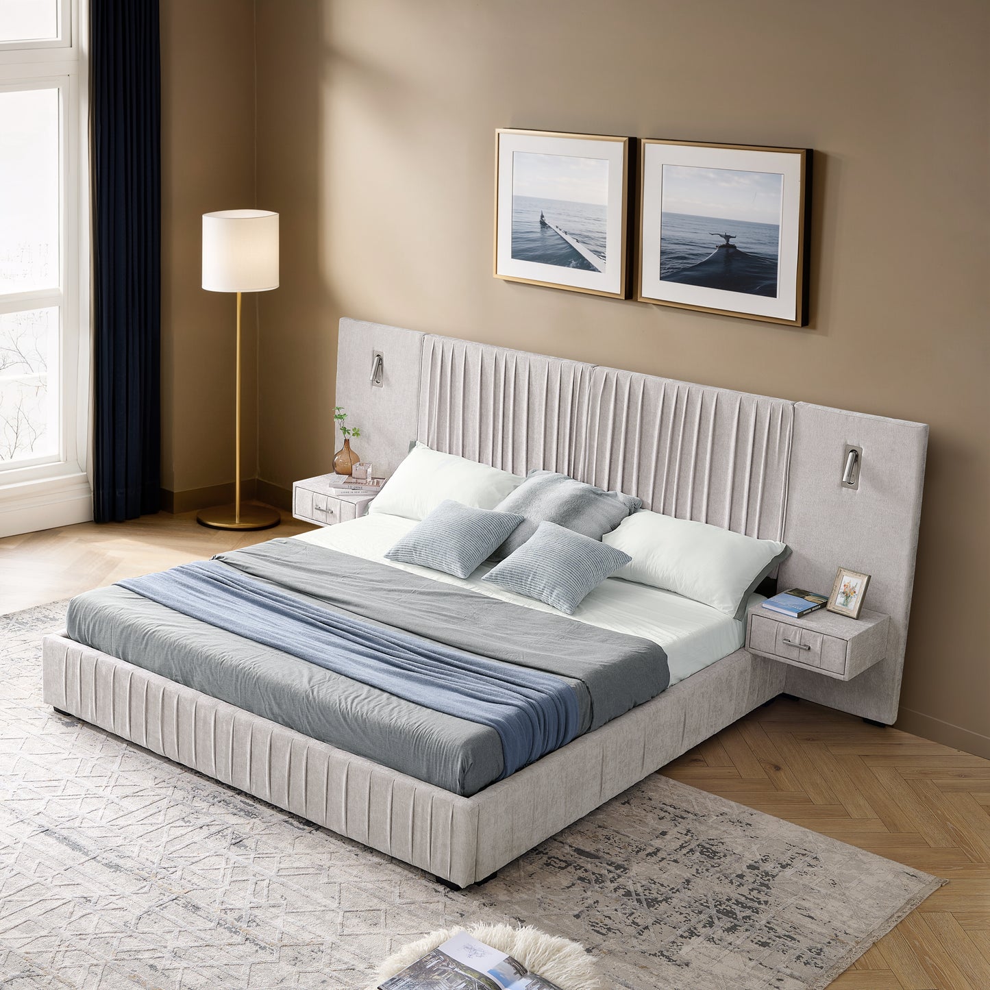 Queen Foam Bed Frame Beige Pleated Headboard for Bedroom