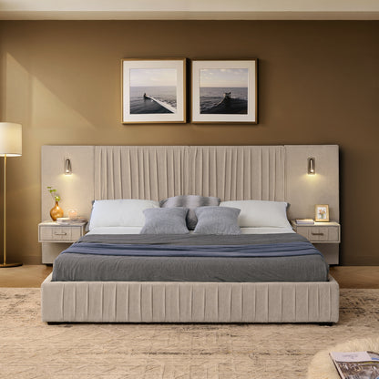 Queen Foam Bed Frame Beige Pleated Headboard for Bedroom