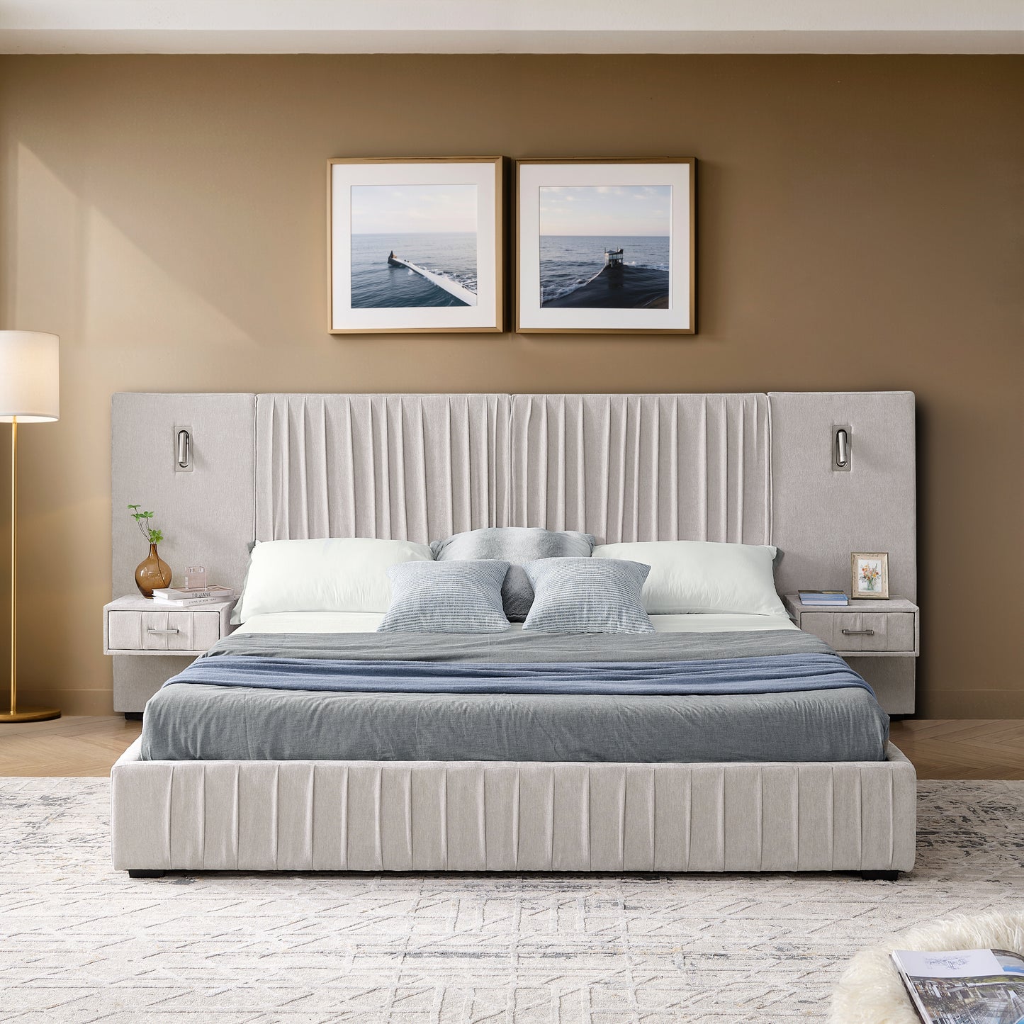 Queen Foam Bed Frame Beige Pleated Headboard for Bedroom