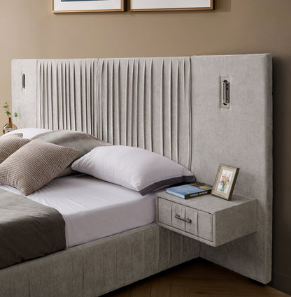 Queen Foam Bed Frame Beige Pleated Headboard for Bedroom