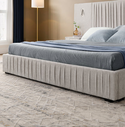 Queen Foam Bed Frame Beige Pleated Headboard for Bedroom
