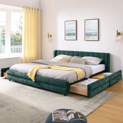 King Size Upholstered Bed Frame with Thick Fabric, comfortable upholstered bed frame, Chenille fabric, with headboard and solid bed frame. With drawer for storage--Blue+Green(86.5''*84''*29.5'')