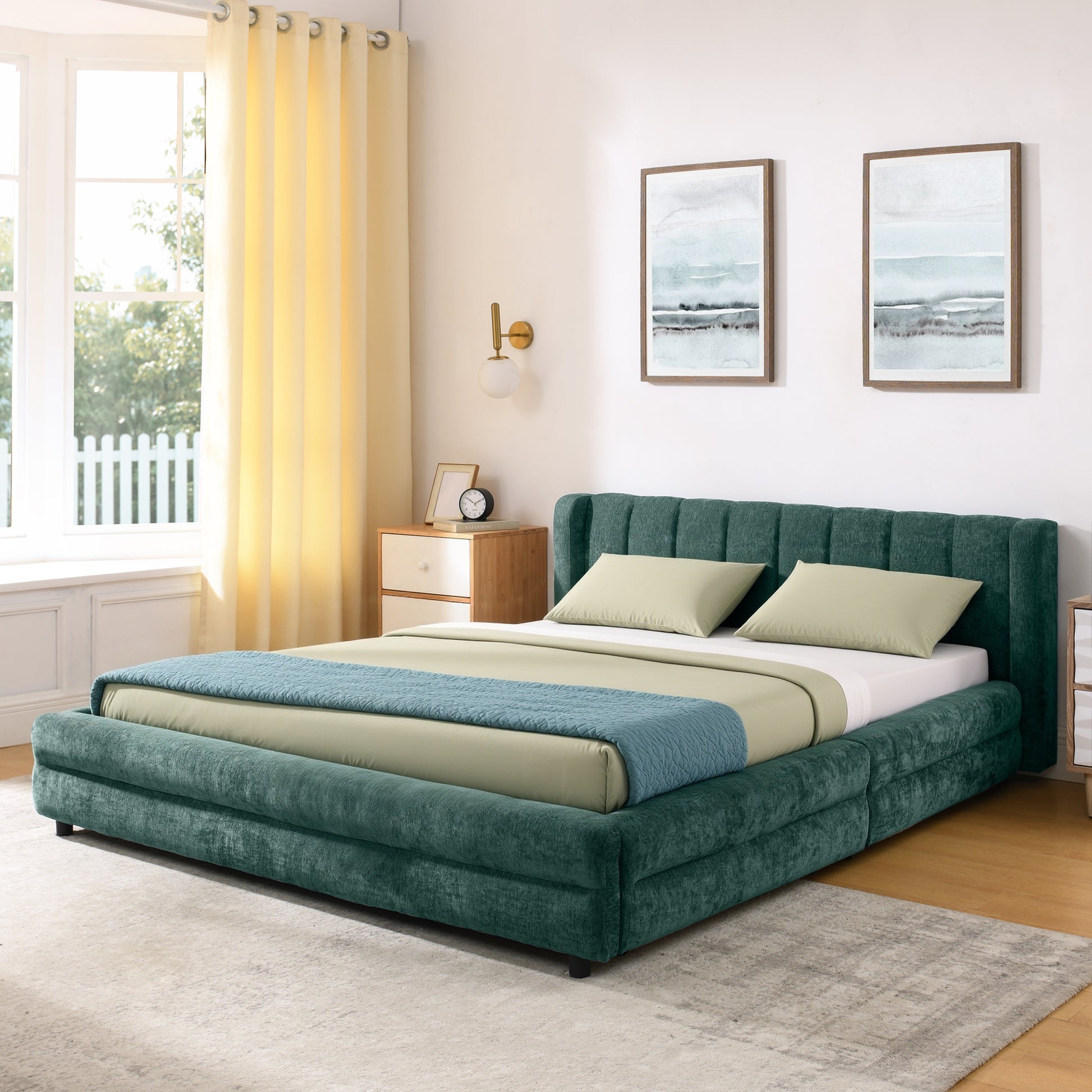 Queen Size Upholstered Bed Frame Blue Green Foam Headboard Storage Bed