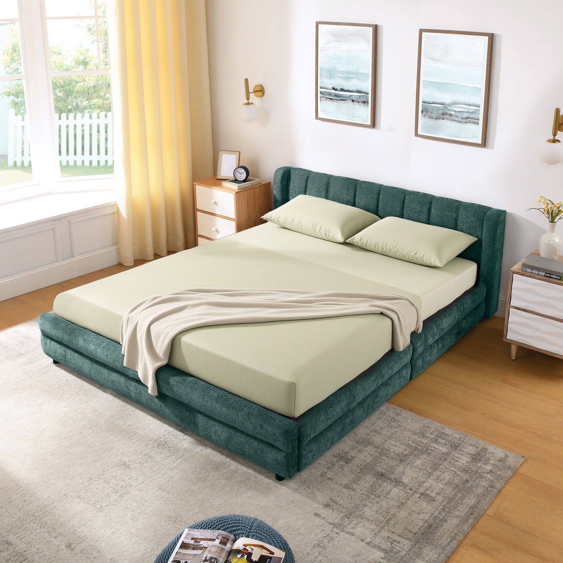 Queen Size Upholstered Bed Frame Blue Green Foam Headboard Storage Bed