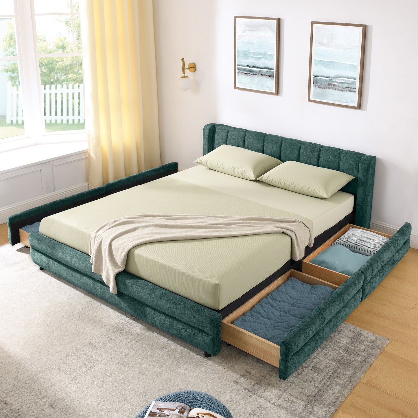 Queen Size Upholstered Bed Frame Blue Green Foam Headboard Storage Bed