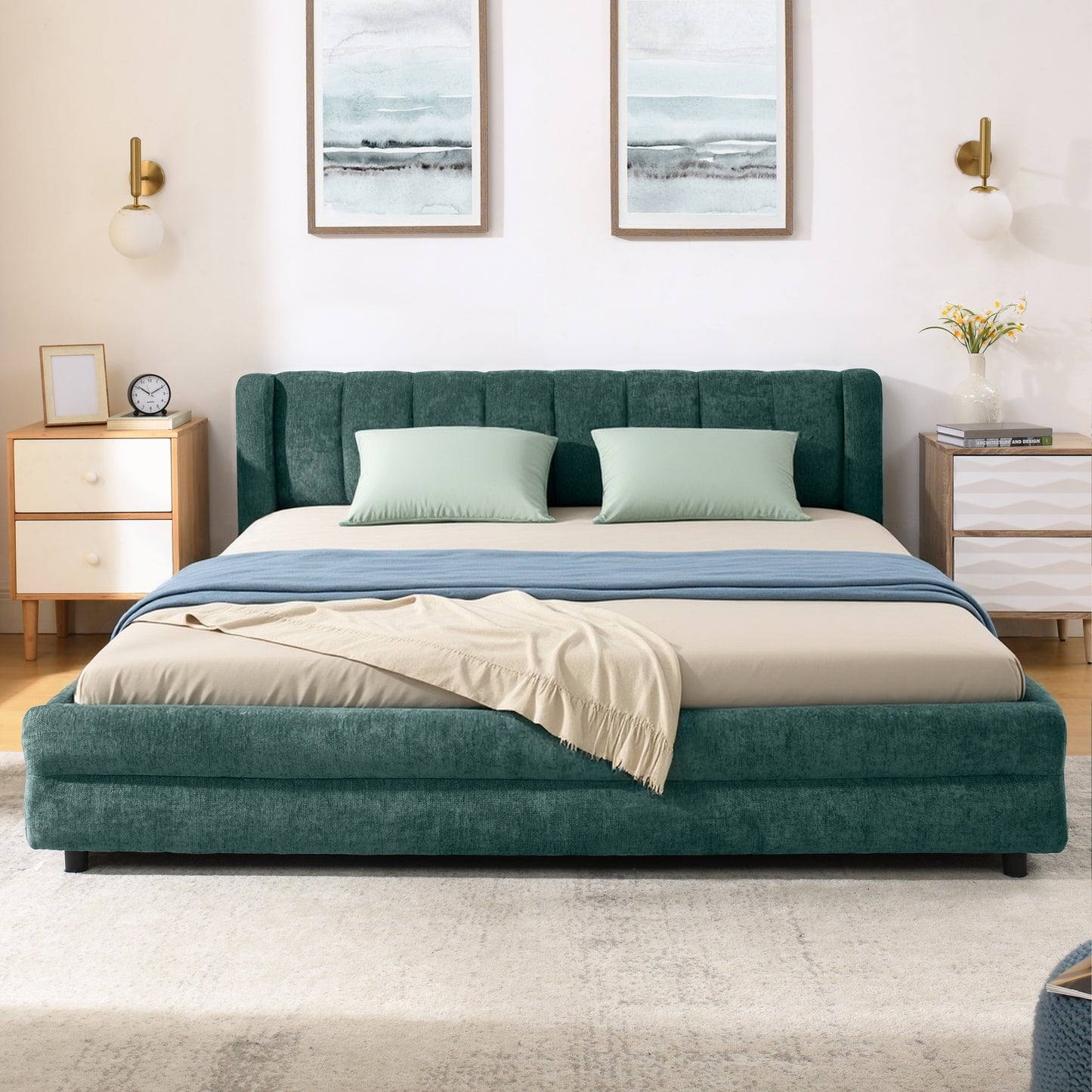 Queen Size Upholstered Bed Frame Blue Green Foam Headboard Storage Bed