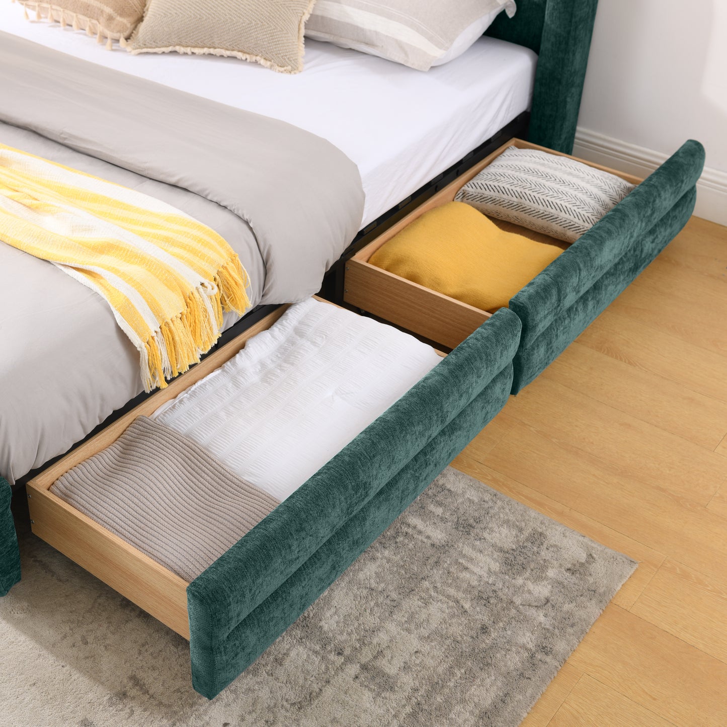 Queen Size Upholstered Bed Frame Blue Green Foam Headboard Storage Bed