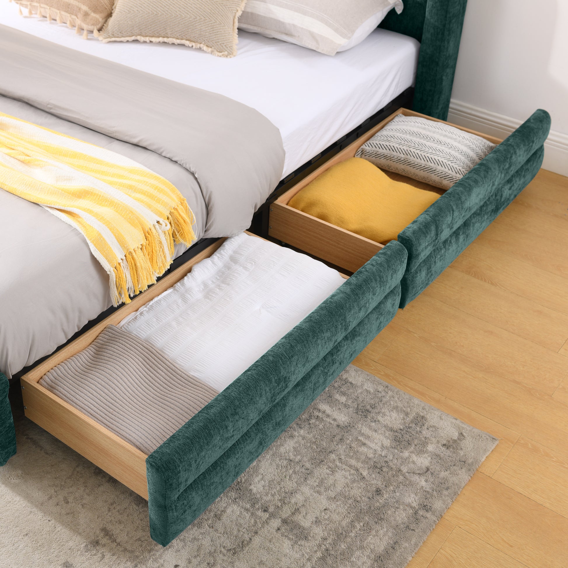 Queen Size Upholstered Bed Frame Blue Green Foam Headboard Storage Bed