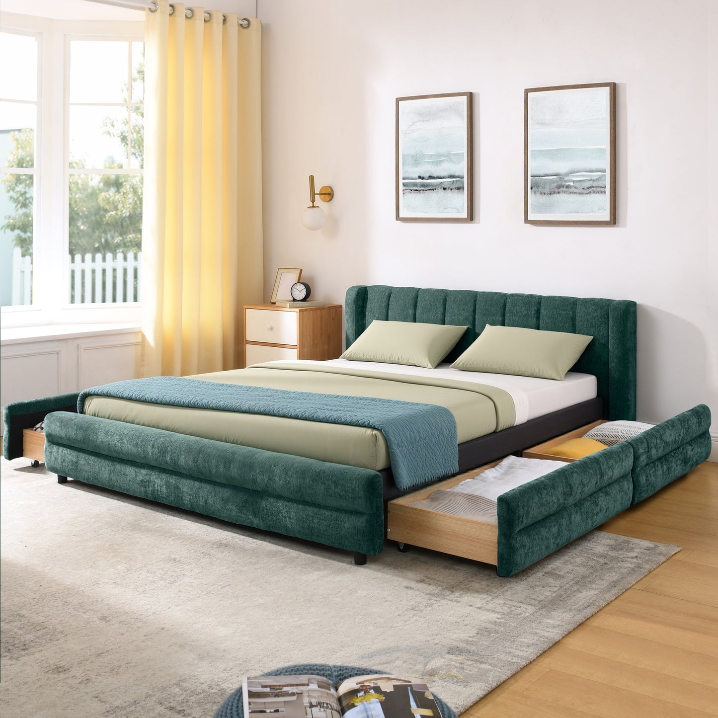 Queen Size Upholstered Bed Frame with Thick Fabric, comfortable upholstered bed frame, Chenille fabric, with headboard and solid bed frame. With drawer for storage-Blue+Green(86''*68.5''*67'')