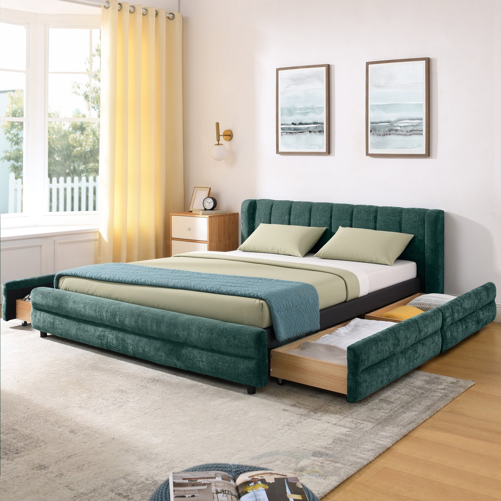 Queen Size Upholstered Bed Frame with Thick Fabric, comfortable upholstered bed frame, Chenille fabric, with headboard and solid bed frame. With drawer for storage-Blue+Green(86''*68.5''*67'')