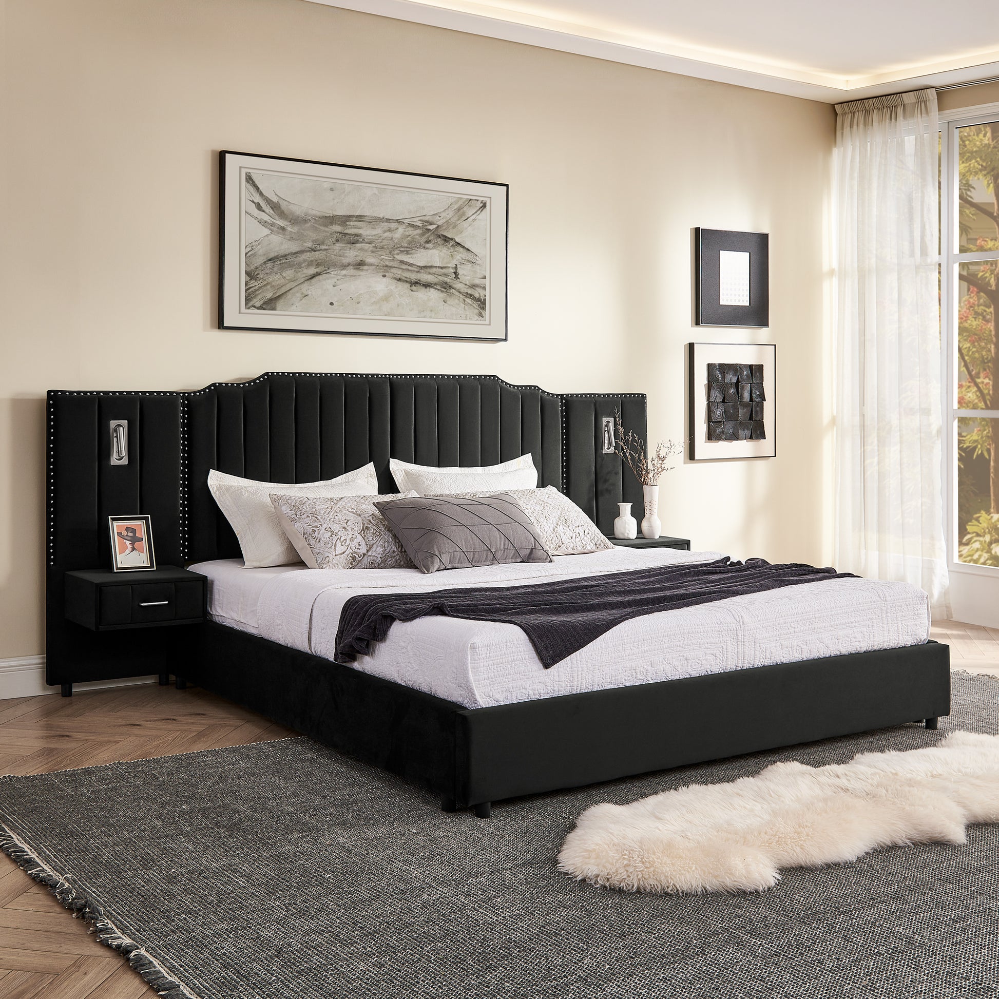 Bedroom Black King Upholstered Bed Frame with Integrated Nightstand and Velvet