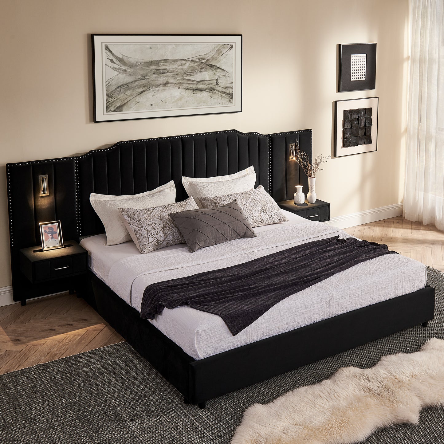 Bedroom Black King Upholstered Bed Frame with Integrated Nightstand and Velvet