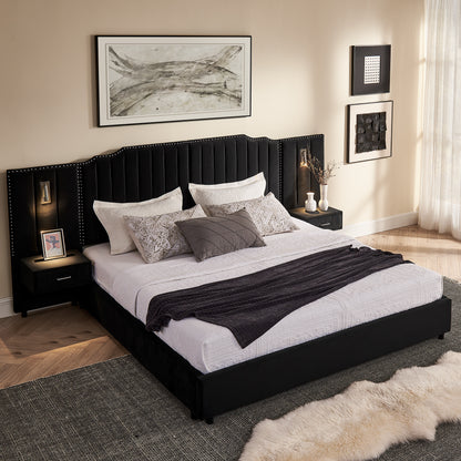 Bedroom Black King Upholstered Bed Frame with Integrated Nightstand and Velvet
