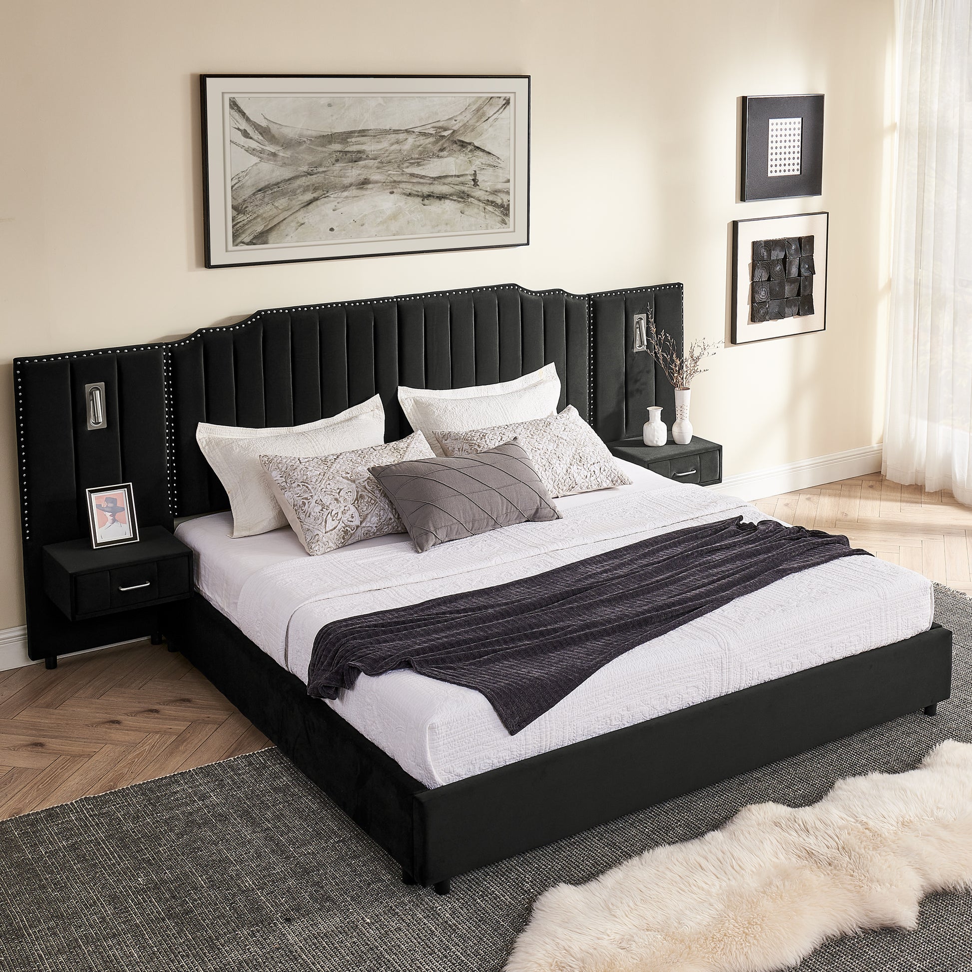 Bedroom Black King Upholstered Bed Frame with Integrated Nightstand and Velvet