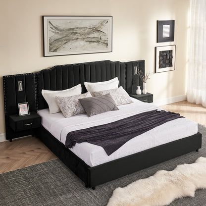 Bedroom Black King Upholstered Bed Frame with Integrated Nightstand and Velvet