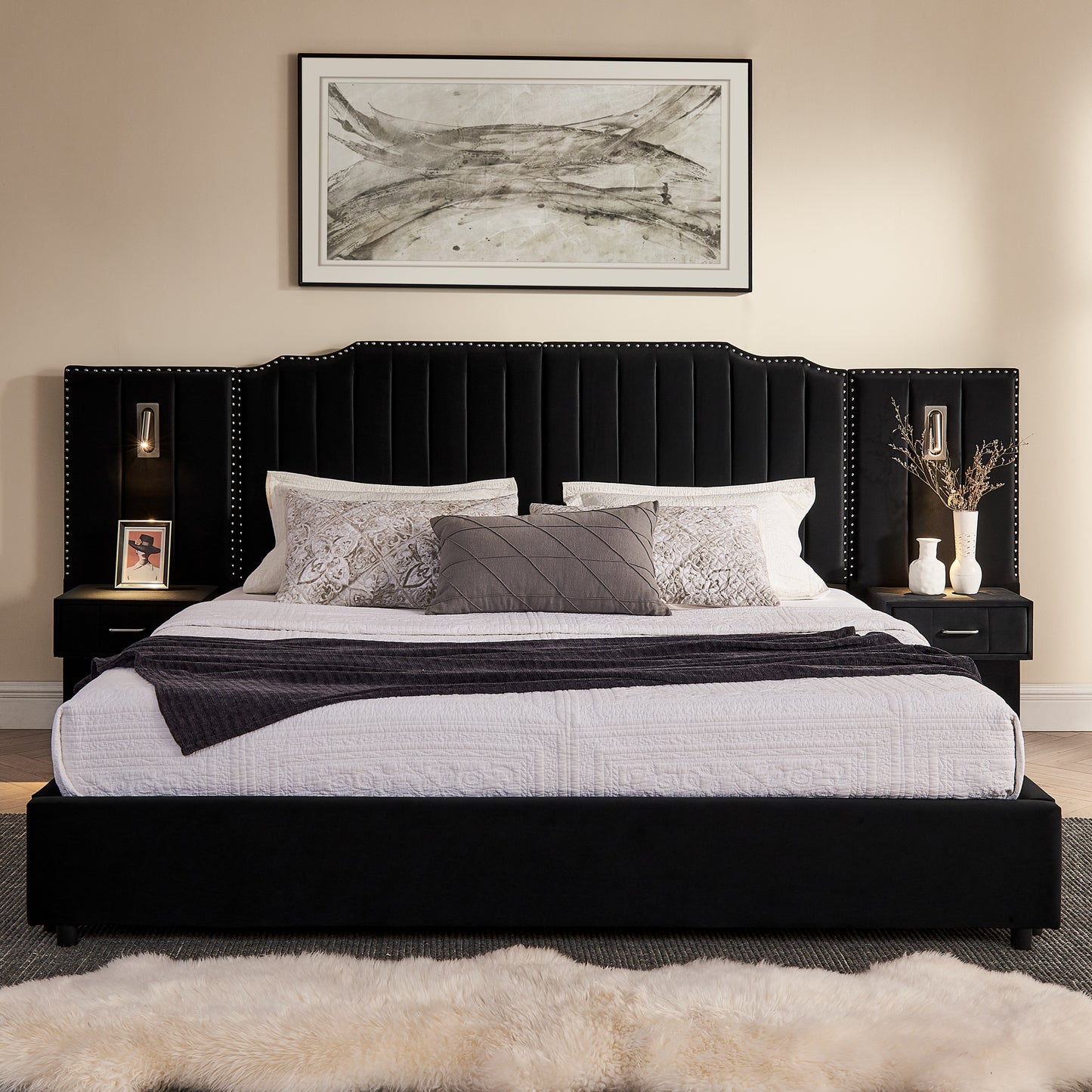 Bedroom Black King Upholstered Bed Frame with Integrated Nightstand and Velvet
