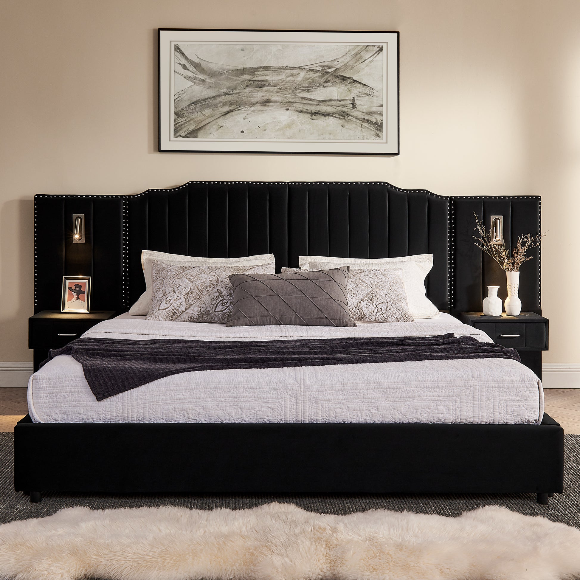 Bedroom Black King Upholstered Bed Frame with Integrated Nightstand and Velvet