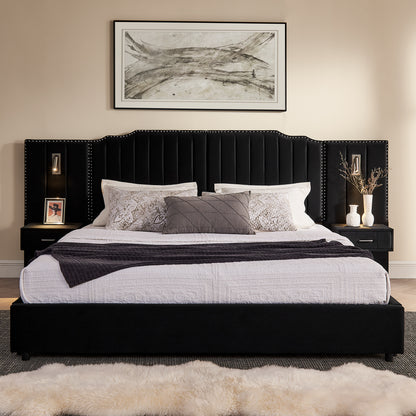 Bedroom Black King Upholstered Bed Frame with Integrated Nightstand and Velvet