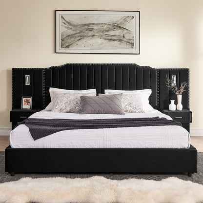 Bedroom Black King Upholstered Bed Frame with Integrated Nightstand and Velvet