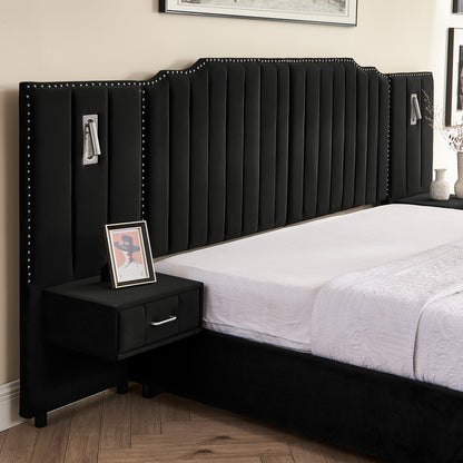 Bedroom Black King Upholstered Bed Frame with Integrated Nightstand and Velvet