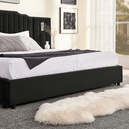 Bedroom Black King Upholstered Bed Frame with Integrated Nightstand and Velvet