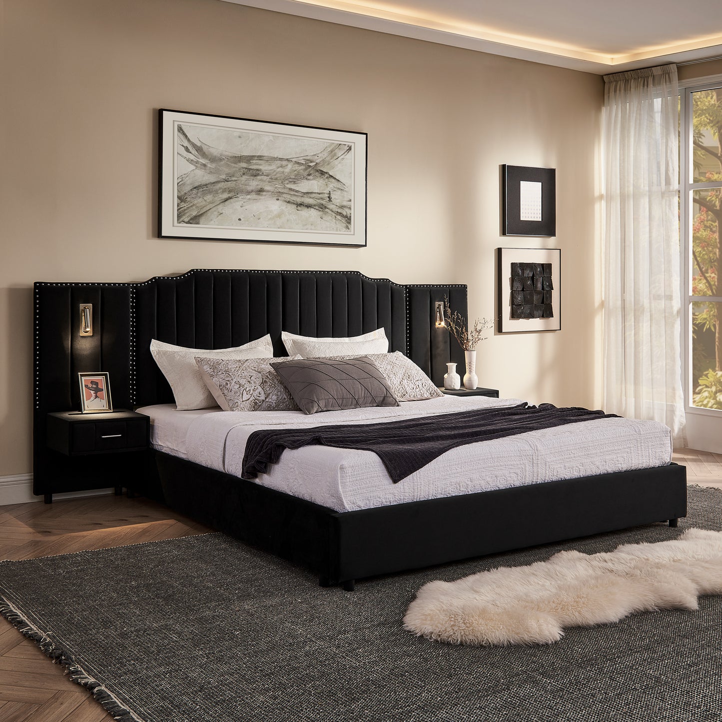 King Size Upholstered Bed Frame with Velvet Fabric, Vertical Stripe Design with Buttons Around King Size Platform Bed with Headboard, Solid Frame & Bedside Table - No Box Spring Needed-Black