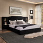 King Size Upholstered Bed Frame with Velvet Fabric, Vertical Stripe Design with Buttons Around King Size Platform Bed with Headboard, Solid Frame & Bedside Table - No Box Spring Needed-Black