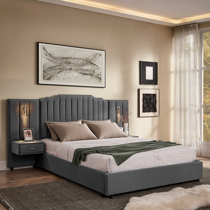 Queen Size Upholstered Bed Frame with Velvet Fabric, Vertical Stripe Design with Buttons Around  Platform Bed with Headboard, Solid Frame & Bedside Table - No Box Spring Needed-Gray