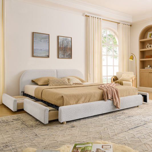 King Size Upholstered Bed Frame Modern Minimalist Style - Circle Yarn Fabric, Tall Curved Headboard, Sturdy Leg Support & Wheeled Drawer Storage, Mattress Not Included -Beige