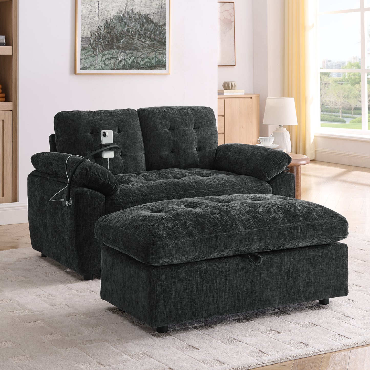 Leisure sofa chair,Double sofa recliner, with manually adjustable backrest, soft padded armrests, side USB charging port and phone stand, comes with a matching storage ottoman-Black