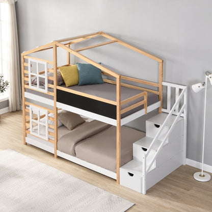 Twin Over Twin Bunk Bed - White Natural Wood Kids Bunk Frame