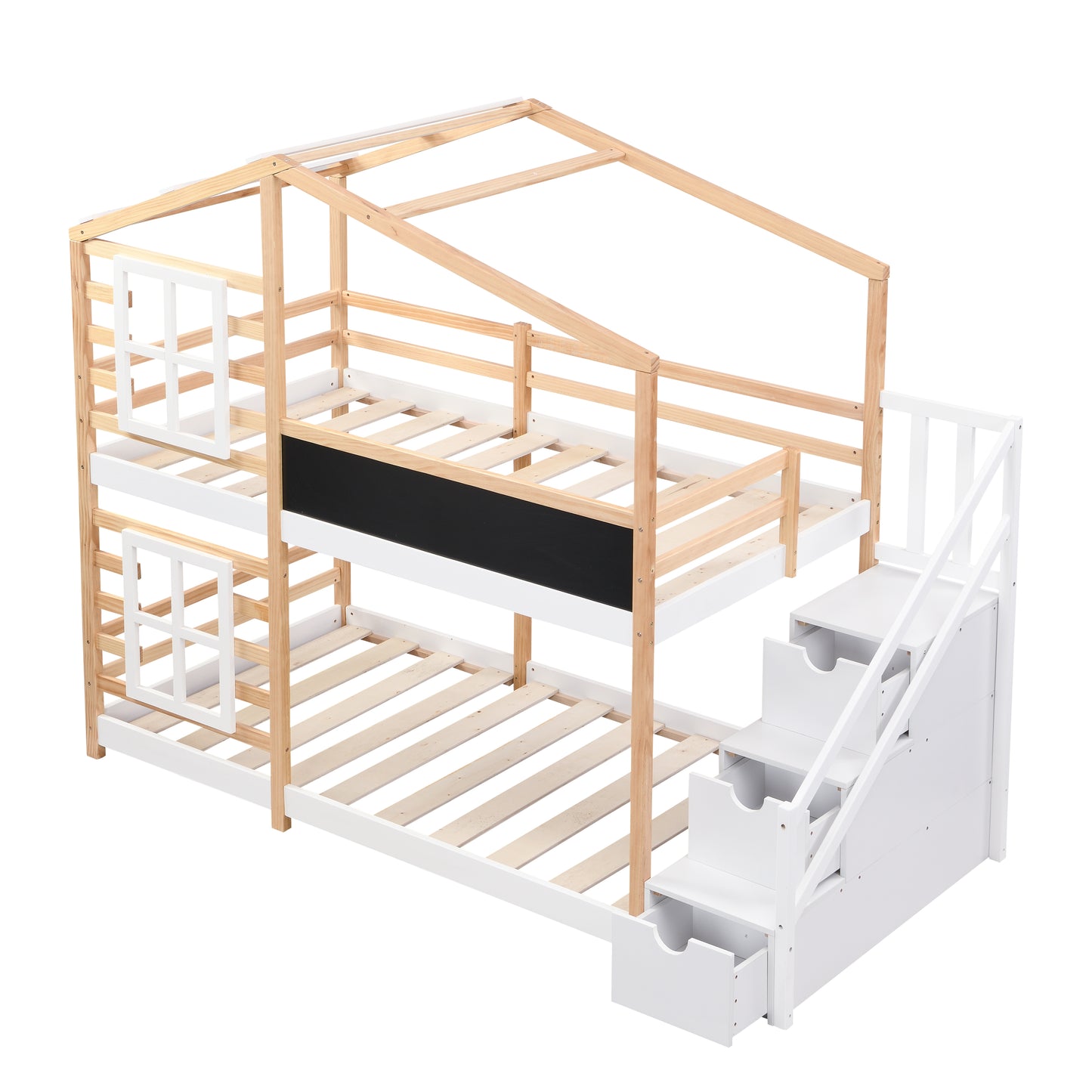 Twin Over Twin Bunk Bed - White Natural Wood Kids Bunk Frame