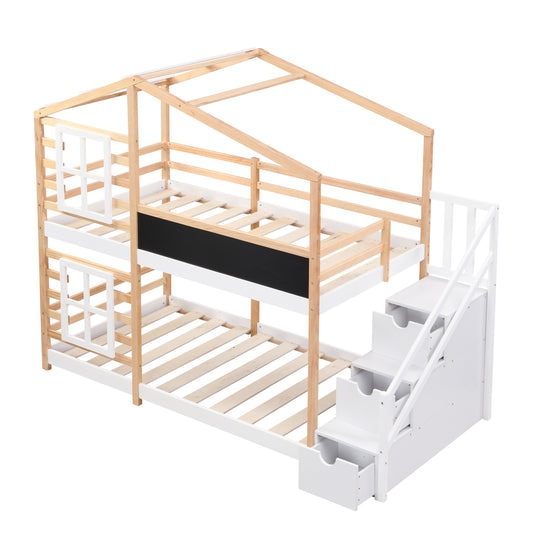 Twin Over Twin Bunk Bed - White Natural Wood Kids Bunk Frame