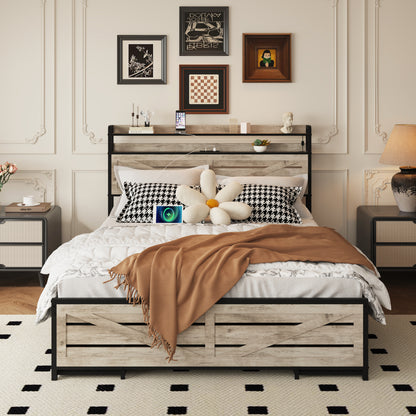 Full-size bed frame with storage headboard and 12 drawers with LED lights, metal platform with anti-slip and noiseless mattress support, sturdy metal slat support,Gray
