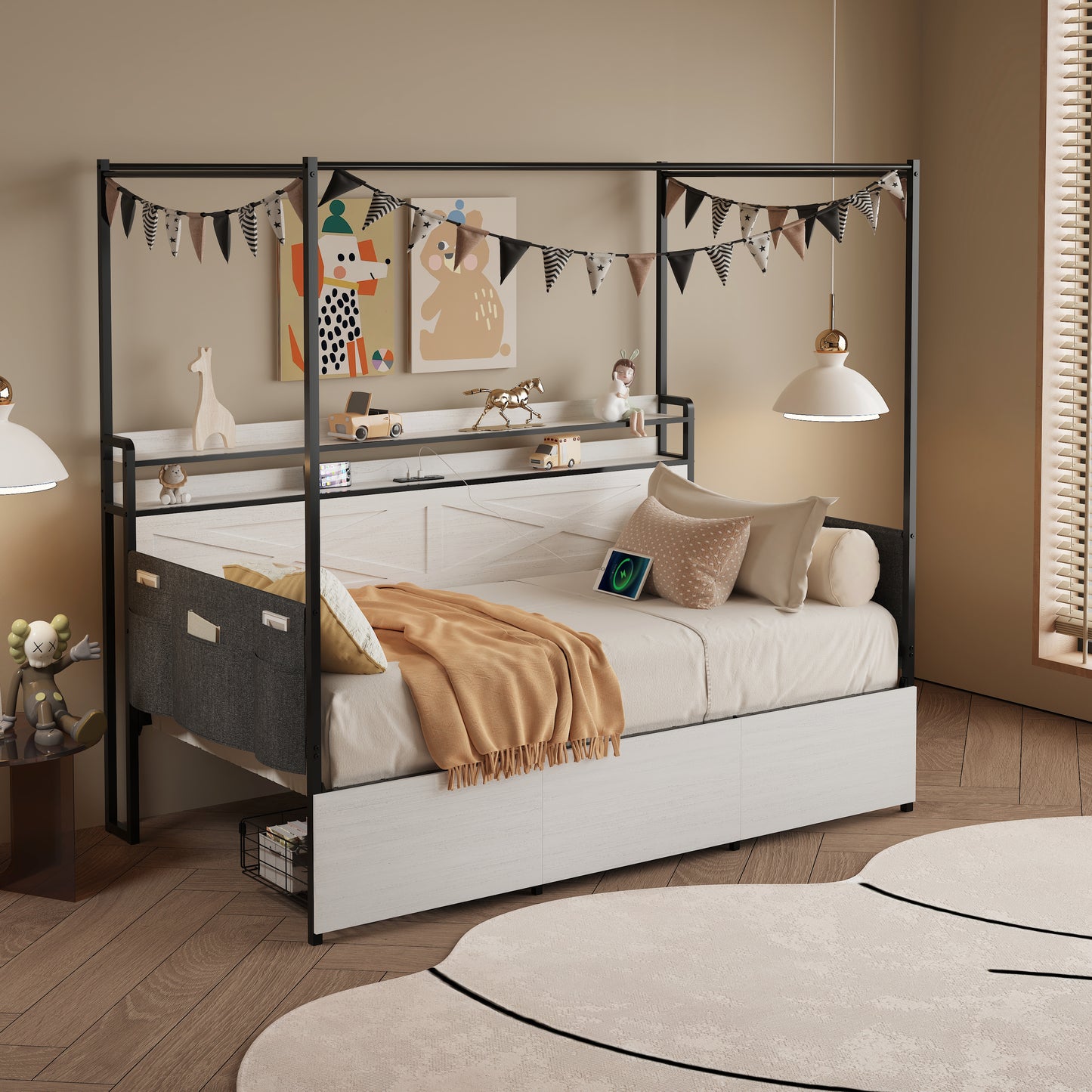 Modern Twin-size Bed with 3 Under-bed Storage Drawers, LED Lights and a Charging Station,White