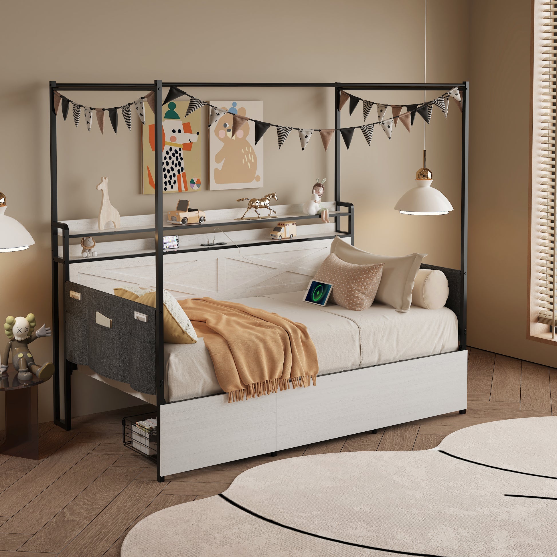 Modern Twin-size Bed with 3 Under-bed Storage Drawers, LED Lights and a Charging Station,White