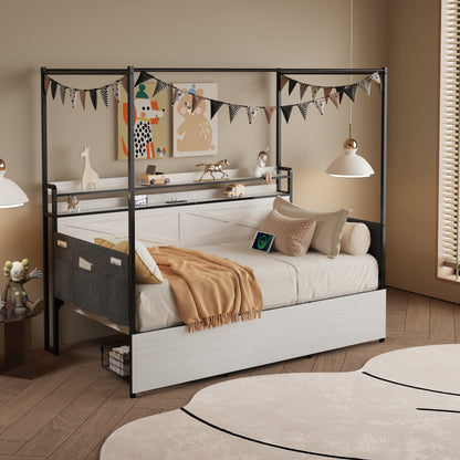 Modern Twin-size Bed with 3 Under-bed Storage Drawers, LED Lights and a Charging Station,White