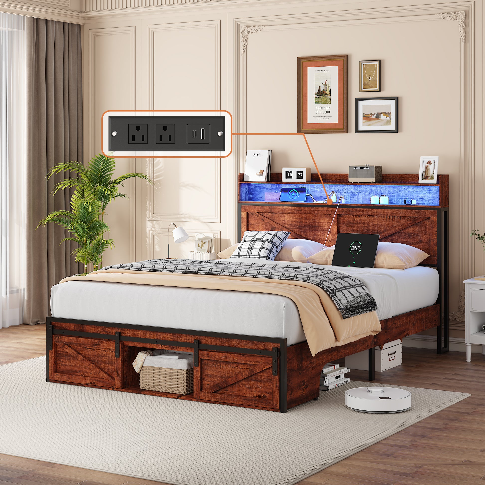 Full Size Bed Frame with Storage Headboard and LED Lights, Upholstered Platform Bed with Footboard Drawers, Sturdy Metal Slats, Noise-Free Mattress Support, No Box Spring Needed, Brown