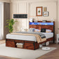 Full Size Bed Frame with Storage Headboard and LED Lights, Upholstered Platform Bed with Footboard Drawers, Sturdy Metal Slats, Noise-Free Mattress Support, No Box Spring Needed, Brown