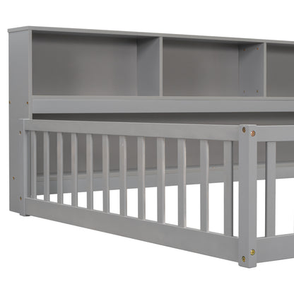 Full Grey Pine Bed with Bookcase Shelves for Bedroom