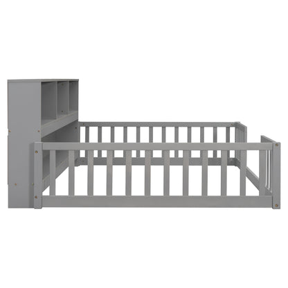 Full Grey Pine Bed with Bookcase Shelves for Bedroom