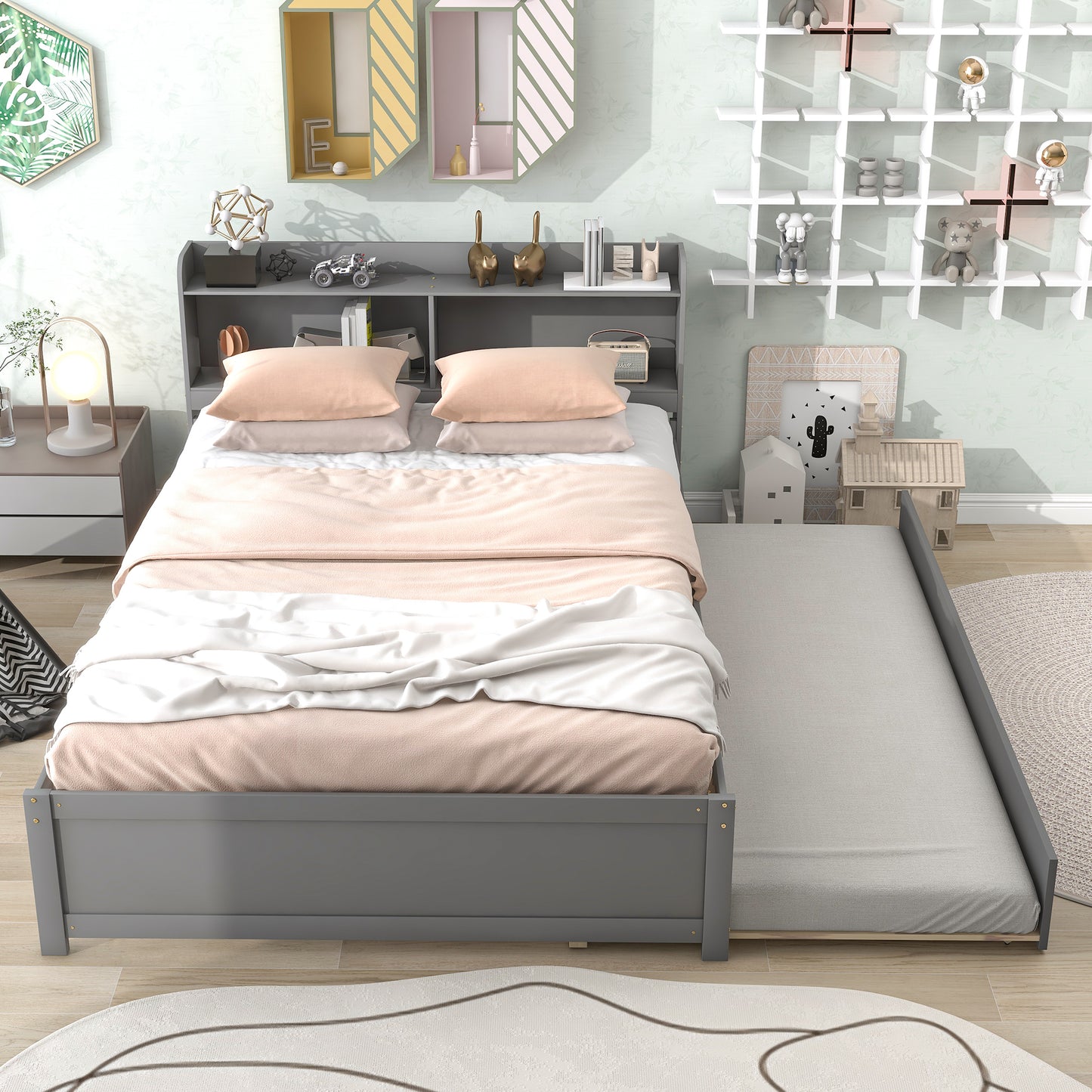 Full Size Bed with Trundle and Bookcase Headboard ,Grey (Old Sku W50446123)