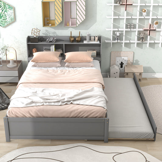 Full Size Bed with Trundle and Bookcase Headboard ,Grey (Old Sku W50446123)