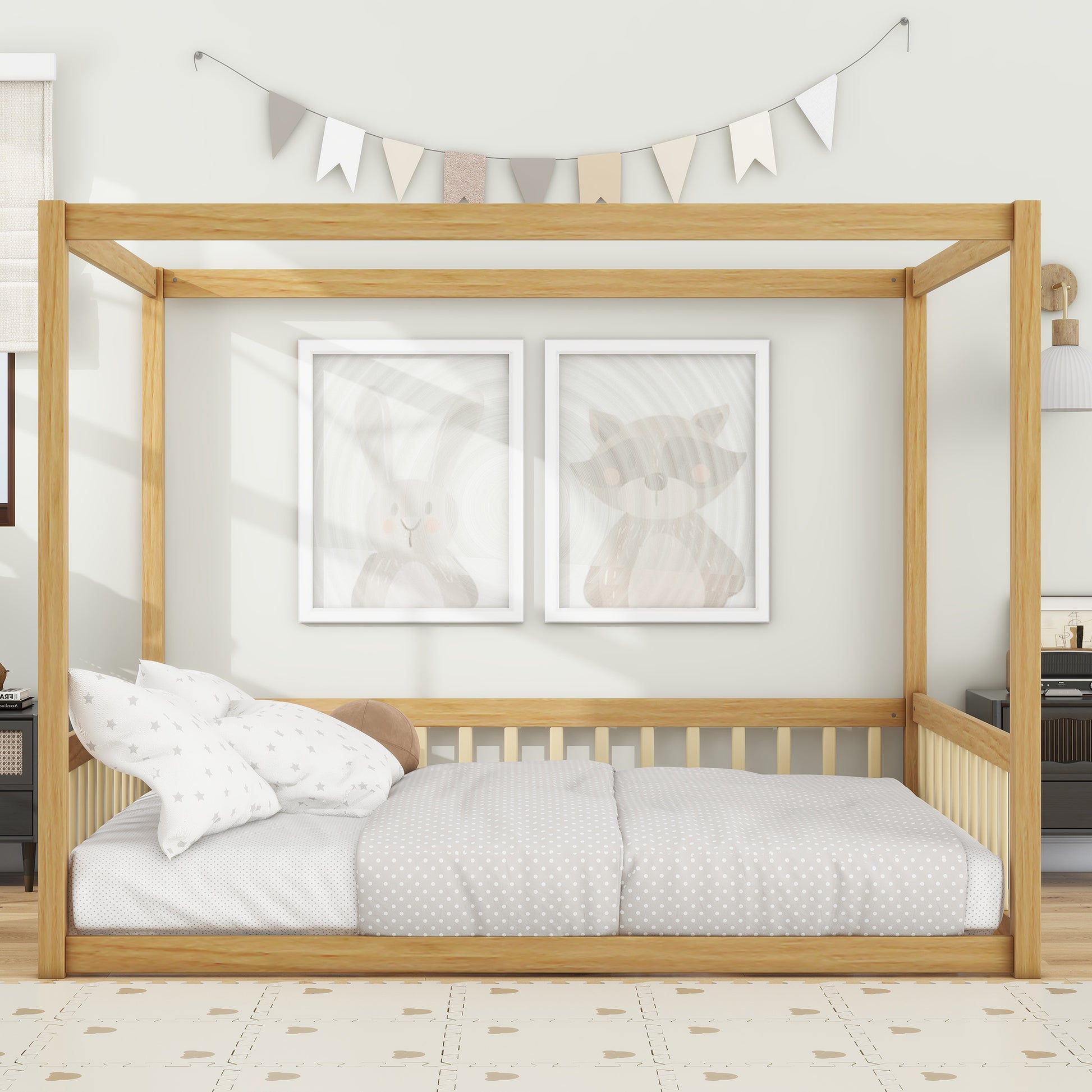 Full Size Canopy Frame Rubber Wood Floor Bed with Fence,Guardrails,Natural (Old Sku:W504P143283)