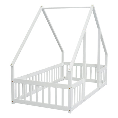 Twin Wood House Bed - White: Cozy & Safe Sleep Space