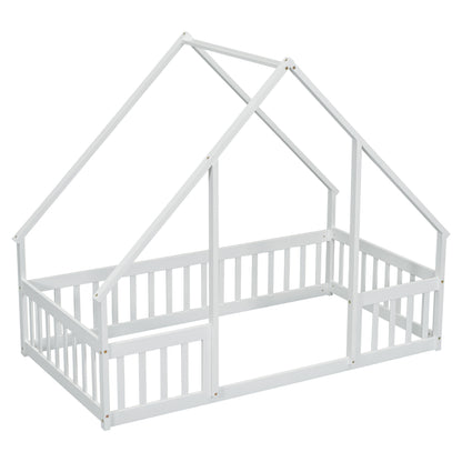 Twin Wood House Bed - White: Cozy & Safe Sleep Space