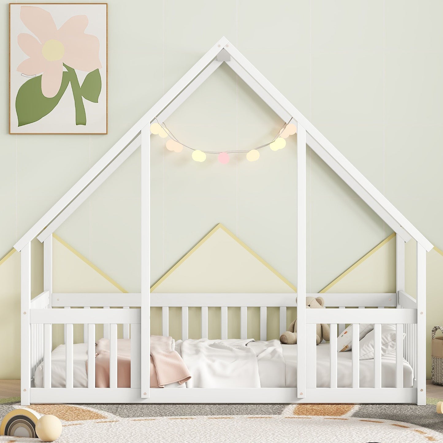 Twin Wood House Bed - White: Cozy & Safe Sleep Space